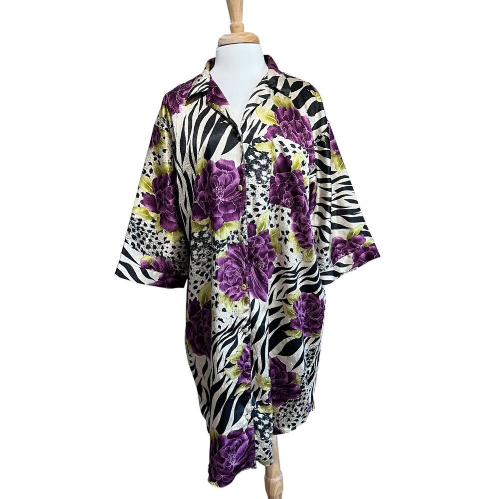Nicole Stevens Exotic Whimsygoth Floral Zebra Satin Nightgown Sleepshirt XL